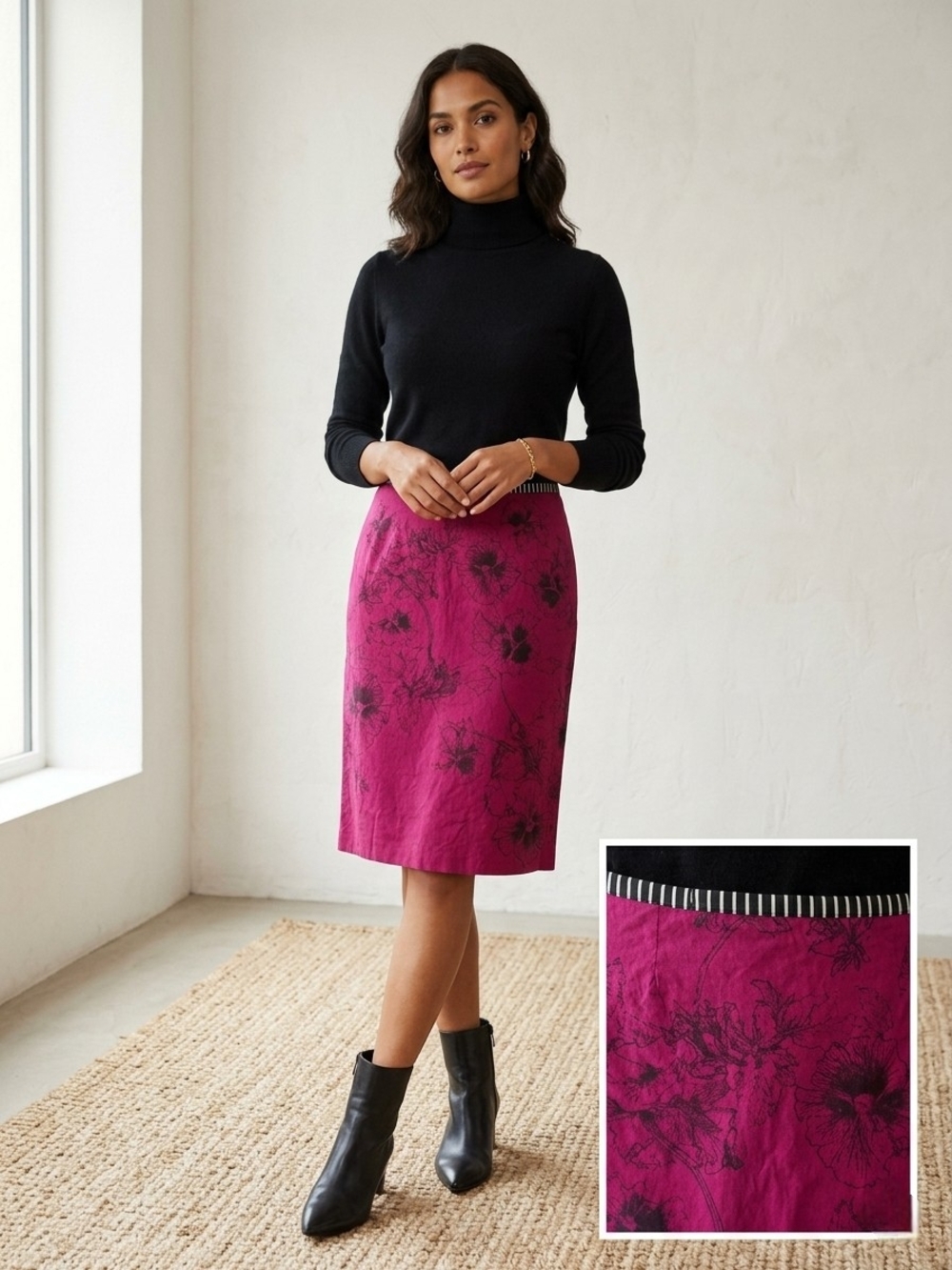 Fuchsia Floral Pencil Skirt - Women's Knee-Length